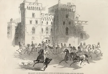 Jej Wysokość i jej Znamienici Goście i Apartament opuszczający Zamek Windsor na wyścigi w Ascot, z „The Illustrated London News”, 14 czerwca 1845