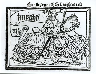 Tutaj Begynneth the Knightes Tale, ilustracja z The Canterbury Tales autorstwa Geoffreya Chaucera (ok. 1345-1400) wydrukowana przez Williama Caxtona (ok. 1422-91) 1434