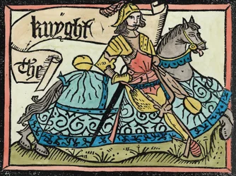 Tutaj Begynneth the Knightes Tale, ilustracja z The Canterbury Tales autorstwa Geoffreya Chaucera (ok. 1345-1400) wydrukowana przez Williama Caxtona (ok. 1422-91) 1434 (późniejsze zabarwienie)