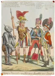 „Bohaterowie w radzie – czyli wojskowa kłótnia o strój”, ok. 1820 (kolorowa rycina)