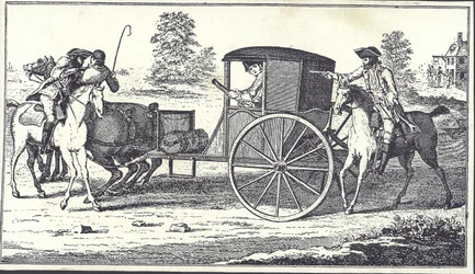 Hazardziści James MacLaine i William Plunkett okradają hrabiego Eglintona na wrzosowiskach Hounslow, 26 czerwca 1750 r. (rycina)