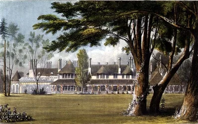 Chata Jego Królewskiej Mości, Windsor Great Park, widok z trawnika, z „Repozytorium Sztuki” R. Ackermanna (1764-1834)