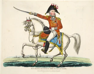 Jego Królewska Wysokość Książę Yorku, wyd. autorstwa Richarda Evansa, sztychowane przez Romneya, ilustracja z Historycznego sprawozdania z bitwy pod Waterloo autorstwa Williama Mudforda, 1816