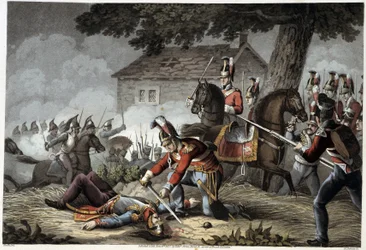 Gwardia konna na polu bitwy pod Waterloo w "Historycznych, wojskowych i morskich anegdotach i incydentach, które dotarły do armii brytyjskich i ich sojuszników, kończących się pod Waterloo" Edwarda Orme