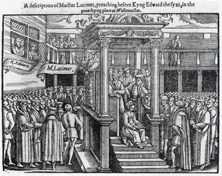 Hugh Latimer (ok.1485-1555) Wygłaszał kazania przed królem Edwardem VI (1537-53) w Westminster w 1547, z „Działań i pomników” Johna Foxe (1516-87) 1563
