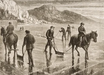 Ice-Harvest nad rzeką Hudson, stan Nowy Jork, ok. 1870, z „American Pictures”, opublikowanej przez The Religious Tract Society, 1876