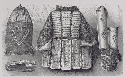 Indyjski panoplia składająca się z hełmu, tuniki, rękawic i butów z Bhuj, z Historii ludzkości, t. III, autorstwa prof. Friedricha Ratzela, 1898