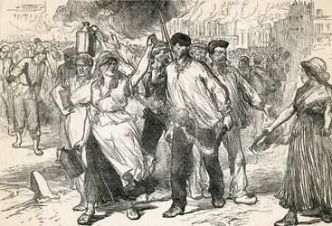 Powstańcy pustoszą ulice Paryża, zaczerpnięte z Cassells Illustrated History, 1872
