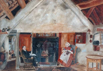 Wnętrze Cruck Cottage, prawdopodobnie Shipley Glen