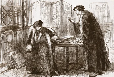 Wywiad między Erazmem a Kalwinem, ilustracja z Historii protestantyzmu Jamesa Aitkena Wylie (1808-1890), wyd. 1878