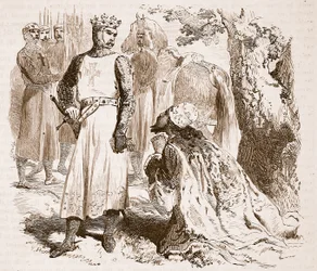 Izaak z Cypru błagający o uwolnienie córki, ilustracja z Cassells Illustrated History of England (zdjęcie w sepii)