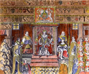 Jakub I z Anglii (1566-1625) na dworze (grawerowanie) (późniejsze zabarwienie)