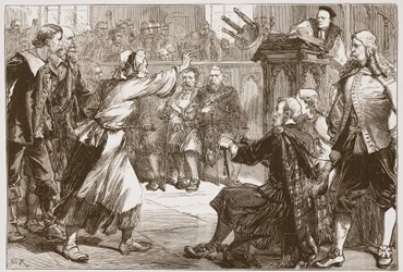 Janet Geddes rzucająca swój stołek dziekanowi Edynburga, ilustracja z Historii protestantyzmu Jamesa Aitkena Wylie (1808-1890), wyd. 1878