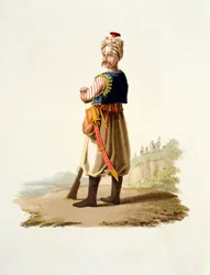 Janczar, z dzieła Stroje różnych narodów, tom VII, Strój wojskowy Turcji, autorstwa Thomasa MacLeana, opublikowanego ok. 1800-18
