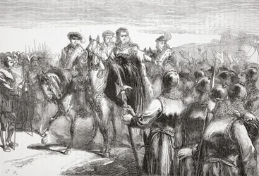 Jeanne DAlbret, królowa Nawarry, przemawiająca do żołnierzy hugenotów, ilustracja z Historii protestantyzmu Jamesa Aitkena Wylie (1808-1890), wyd. 1878