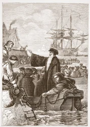 John Alasco i jego kongregacja opuszczająca Anglię, ilustracja z Historii protestantyzmu Jamesa Aitkena Wylie (1808-1890), wyd. 1878