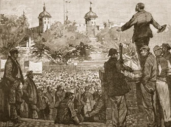 John Burns przemawiający na spotkaniu dokerów w Tower Hill, 1889, ilustracja z Cassells Illustrated History of England (zdjęcie w sepii)