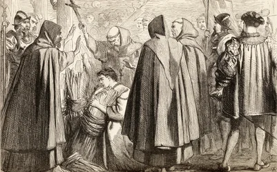 John Frith bliski spalenia na stosie za herezję w 1533 r., ok. 1865 r. (drewno)