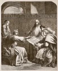 Jan odmawia podpisania artykułów baronów, ilustracja z Cassells Illustrated History of England (zdjęcie w sepii)