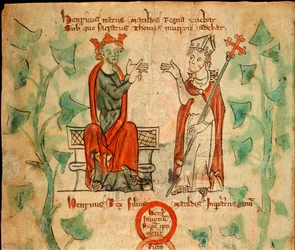 Król Henryk II siedzący na tronie, kłócący się z Tomaszem Becketem, ilustracja z „Kroniki Anglii”, ok. 1307-27 (welum)