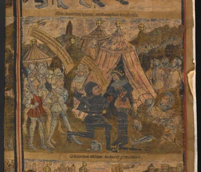 Król Henryk VI wzięty do niewoli po bitwie pod Northampton, z Typological life and genealogy of King Edward IV, Harley MS 7353