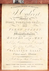 Etykieta naklejona na pudełko angielskiego zestawu do gry w szachy z toczonej kości słoniowej, wzór "Calvert", ok. 1826-50 (druk)