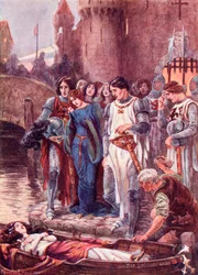 Lancelot patrzy na martwą Panią z Shalott po jej przybyciu do Camelotu. Kolorowa ilustracja z książki The Gateway to Tennyson wydanej w 1910 roku.