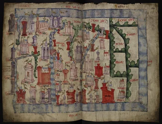 Lansdowne 204 ff.225v i 226 Mapa Szkocji autorstwa Johna Hardinga, ok.1450 (tusz i tempera na pergaminie)