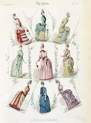 Najnowsze Paris Fashions, dziewięciodniowe sukienki w modnym talerzu z dodatku do The Queen, maj 1885