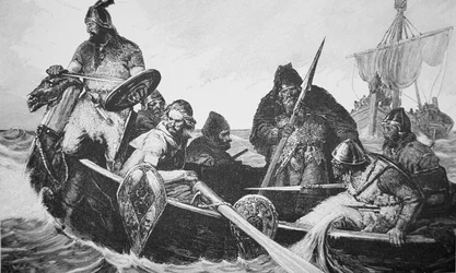Leif Ericson odkrywa brzeg Winlandii Dobrej, prawdopodobnie Nową Fundlandię (rycina)