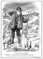 Lloyd George jako pasterz Wielkiej Brytanii prosi podatników (owce) o kierowanie odbudową gospodarki, grudzień 1920 r.