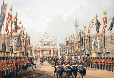 London Bridge, strzeżony przez Honorable Artillery Company of London, z Memoriału małżeństwa Edwarda VII i Aleksandry z Danii, wyd. 1864