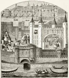Londyn i Tower of London w XV wieku, z książki „The National and Domestic History of England” Williama Hickmana Smitha Aubreya (1858-1916), wydanej w Londynie około 1890 roku