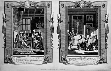 Lord Cromwell przedstawia Biblię Henrykowi VIII i biskupom przedstawiając petycję do Jakuba II w 1688 r., z „Nowej i kompletnej księgi męczenników” Paula Wrighta