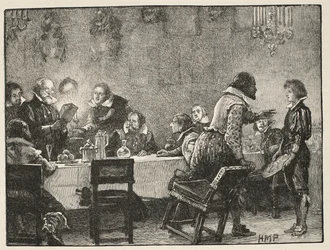 Lord Monteagle i list ostrzegawczy o spisku prochowym, ilustracja z Cassells Illustrated History of England (zdjęcie w sepii)
