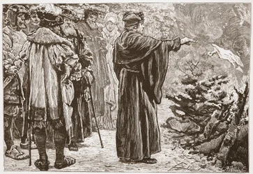 Luter palący byk papieski, ilustracja z Historii protestantyzmu Jamesa Aitkena Wylie (1808-1890), wyd. 1878