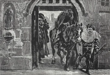Luter uciekający z Augsburga, ilustracja z Historii protestantyzmu Jamesa Aitkena Wylie (1808-1890), wyd. 1878
