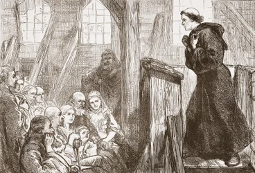 Głoszenie Lutra w starym drewnianym kościele w Wittenberdze, ilustracja z Historii protestantyzmu Jamesa Aitkena Wyliego (1808-1890), wyd. 1878
