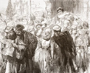 Broszura Lutra: scena w drukarni, ilustracja z Historii protestantyzmu Jamesa Aitkena Wyliego (1808-1890), wyd. 1878