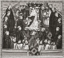 Lydgate przedstawiający swoją książkę królowi Henrykowi V, z „Krótkiej historii ludu angielskiego” J.R. Greena, opublikowanej w 1893 r.