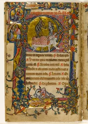 MS 1-2005, fol. 235v: Uderzenie śmierci, historyzowany inicjał "p" z Psałterza z Macclesfield, użycie Sarum, Anglia Wschodnia, ok. 1330 r. (welin)