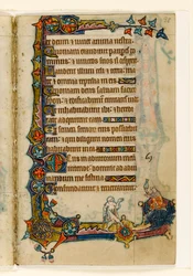 MS 1-2005, k.l. 98r: Żebrak i bogata świnia (?), marginalna dekoracja z psałterza Macclesfielda, Use of Sarum, East Anglia, c.1330