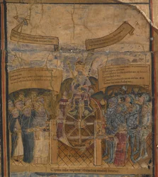 MS Harley 7353 Edward IV (1442-83) na kole fortuny, w otoczeniu książąt Clarence i Gloucester oraz przedstawicieli Kościoła i armii, z „Życia Edwarda IV”