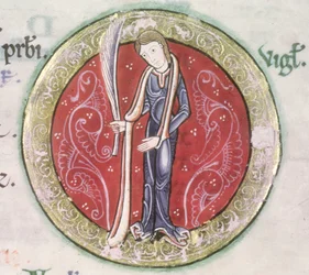 MS Hunter 229 f.4v Virgo, z psałterza Hunterian, ok. 1170 (pióro i atrament oraz tempera na welinie) (szczegół)