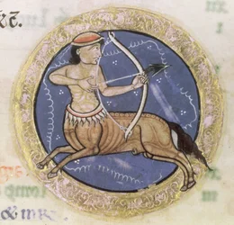 MS Hunter 229 f.6r Sagittarius, z psałterza Hunterian, ok. 1170 (pióro i atrament oraz tempera na welinie) (szczegół)