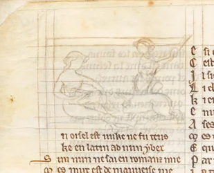 MS McClean 123 f.40v Underdrawing do miniatury przedstawiającej myśliwego łapiącego nagiego jednorożca leżącego na kolanach dziewicy, z „Księgi Nuneaton”, ok. 1280-1300 (tusz na pergaminie) (detal z 418062)