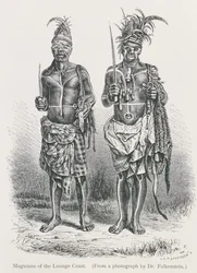 Magicians of the Loango Coast, grawerowane na podstawie fotografii dr Falkensteina, z „Historii ludzkości”, tom 1, autorstwa prof. Friedricha Rayzela, 1896