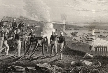 Major Eyre kierujący rebeliantami z Oude z Allahabadu w 1857 r., z „Historii indyjskiego buntu” opublikowanej w 1858 r.