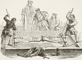 Mężczyzna torturowany na szafocie, z "The National and Domestic History of England" Williama Hickmana Smitha Aubreya (1858-1916) opublikowanego w Londynie ok. 1890 r. (litografia)