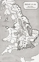 Mapa Wielkiej Brytanii w 626, od The Northumbrian Kingdom 588 do 685 w „Krótkiej historii ludu angielskiego” J. R. Greena, opublikowanej w 1893 r.